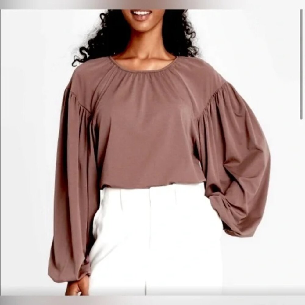 EUC a new day Long, Balloon-Sleeve Mocha Blouse